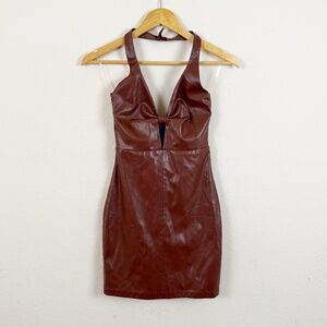 Faux Leather Burgundy Halter Mini Dress